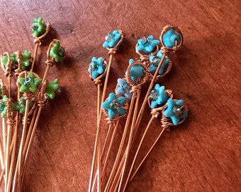 Beaded Lucite and Crystal Head Pins in Copper 10pcs