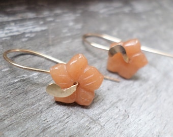 Gold Filled Carved Flower Aventurine Earrings with Handmade Gift pouch