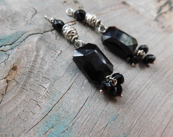 Long Black Faceted Crystal Charms in Stainless Steel, 2pc set