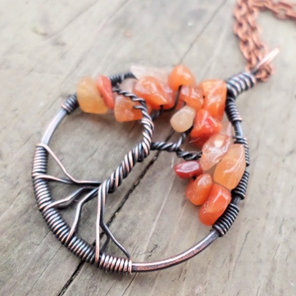 Orange Aventurine Tree of Life Pendant Choose from Copper, Oxidized Copper, NuGold, Oxidized Sterling or Sterling Gift Boxed