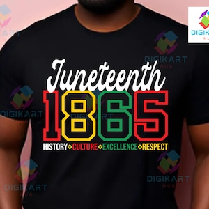 May include: Black t-shirt with the word "Juneteenth" in white script above the numbers "1865" in red, yellow, and green. Below the numbers are the words "HISTORY CULTURE EXCELLENCE RESPECT".