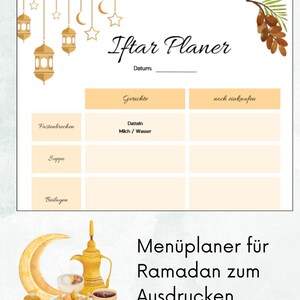 Puede incluir: Planificador de comidas de Ramadán imprimible con una luna creciente dorada y linternas. El planificador incluye secciones para "Iftar Planer", "Gerichte" y "noch einkaufen".