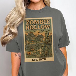 Zombie Hollow Halloween Scene T-Shirt, Unique Halloween Tee, Spooky Retro Design Tee, Funny Zombie Graphic, Perfect Halloween Gift
