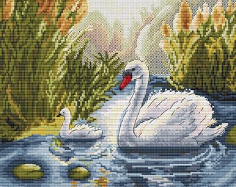 Patrón de punto de cruz de cisne. Escena del lago del cisne blanco. Bordado de paisaje natural en PDF.