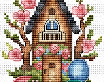 Patrón de punto de cruz en PDF. Cabaña. Diseño de bordado de casa de primavera. Decoración de Pascua. Gráfico de bordado.