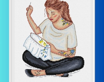 Cross Stitch Pattern.  Embroiderer girl.  PDF Digital Download.  Feminine Hand Embroidery Design