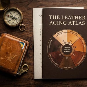 May include: A leather aging atlas book with a patina color wheel, a vintage compass, and a brown leather wallet with a metal clasp. The book has the title "THE LEATHER AGING ATLAS" on the cover.