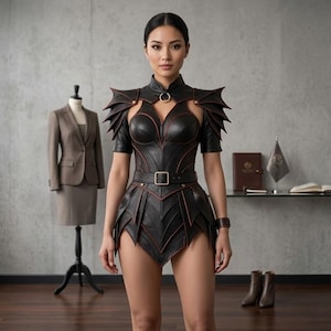 May include: A woman in a black leather outfit with red detailing, including shoulder pieces and a belted waist. The outfit has a distinctive, angular design. A mannequin in a business suit is in the background.
