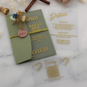 Ensemble de faire-part de mariage en acrylique transparent de luxe, faire-part de mariage élégant en feuille d'or, carte de mariage transparente moderne avec RSVP et détails