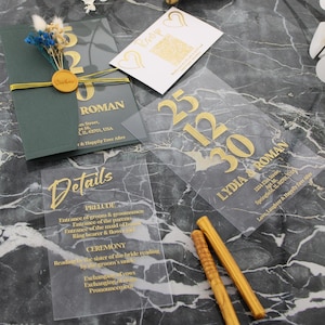 Ensemble de faire-part de mariage en acrylique transparent de luxe, faire-part de mariage élégant en feuille d'or, carte de mariage transparente moderne avec RSVP et détails