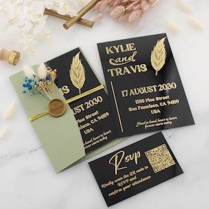 Luxus-Schwarz-Acrylhochzeitseinladung mit Goldfolie, salbeigrünem Umschlag, Hochzeitseinladungsvorlage, Hochzeitseinladung, Hochzeitseinladung