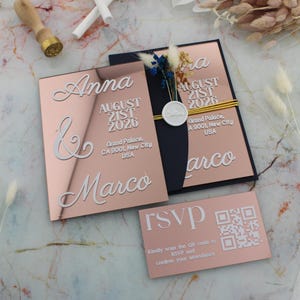 Luxury Rose Gold Mirror Wedding Invitation, Elegant Acrylic Wedding Invite with RSVP,Custom Modern Wedding Invite, Clear Invitations