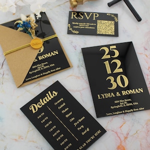 Luxus-Acrylhochzeitseinladung, Goldfoliendruck, elegante personalisierte Antwortkarte für moderne Hochzeiten mit Craft Umschlag