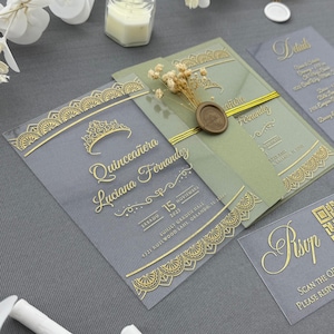 Luxury Gold Foil Acrylic Quinceañera Invitation Set | Elegant Sweet 15/Sweet 16 Invitation with RSVP Card and Envelope
