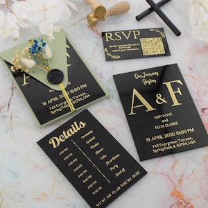 Luxe zwarte acryl huwelijksuitnodiging set met goudfolie, elegante trouwkaarten, goudfolie acryl huwelijksuitnodiging, gouden RSVP-kaart
