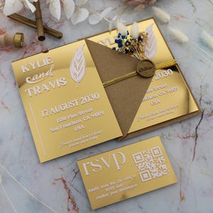 Luxury Gold Mirror Acrylic Wedding Invitations with Vintage Envelope, Acrylic Wedding Invitations, Gold Wedding Invite, Faire Part Mariage