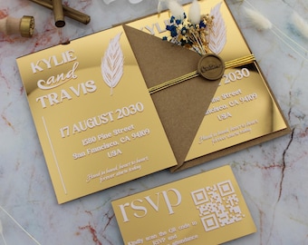 Luxury Gold Mirror Acrylic Wedding Invitations with Vintage Envelope, Acrylic Wedding Invitations, Gold Wedding Invite, Faire Part Mariage