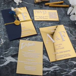 Luxury Gold Mirror Acrylic Wedding Invitation, Elegant Luxury Wedding Invite, Custom Modern Wedding Invitation with RSVP an Details