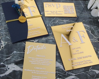 Luxury Gold Mirror Acrylic Wedding Invitation, Elegant Luxury Wedding Invite, Custom Modern Wedding Invitation with RSVP an Details