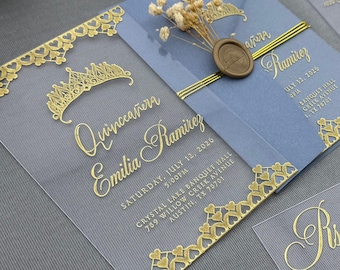 Akrylowe, przezroczyste zaproszenie na Quinceanerę ze złotą folią, eleganckie zaproszenie na 15. urodziny, luksusowe zaproszenie na Quinceanerę, zaproszenie na XV przyjęcie, Mis Quince Anos