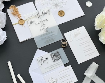 Elegant Frosted Acrylic Wedding Invitation : White Envelope Suite, Wax Seal, Details & RSVP QR Card