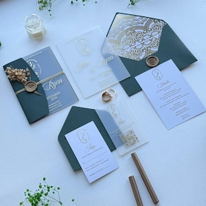 Frosted Acrylic Wedding Invitation : Modern Minimal Acrylic Invite with QR RSVP, Wax Seal & Envelope