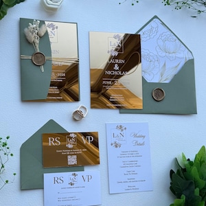 Luxury Gold Mirror Acrylic Wedding Invitation : Acrylic Invite, Sage Green Envelope, RSVP QR Card and Details Card