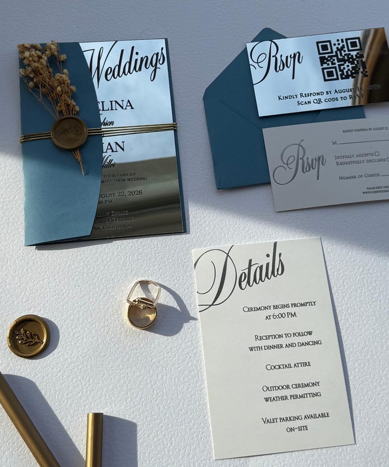 Convite de casamento elegante em acrílico espelhado prateado com ...