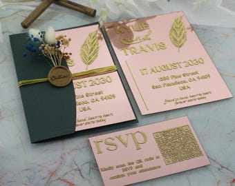 Rose Gold Mirror Acrylic  Wedding Invitation Set with RSVP Card & Wax Seal,Elegant Gold Foil Invite for Modern Luxury Weddings with Envelope