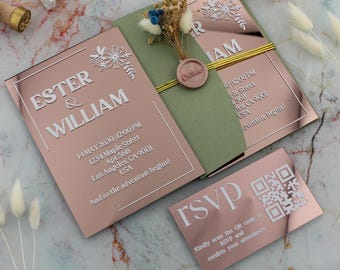 Acrylic Rose Gold Wedding Invitation Set with Sage Green Envelope, Mirror Acrylic Wedding Invite Suite, Clear Invitation ,Quinceanera Invite