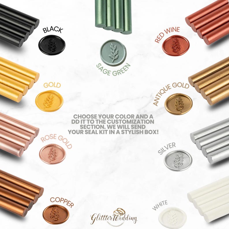 May include: Assortment of sealing wax sticks in various colors, including black, gold, rose gold, copper, sage green, red wine, antique gold, silver, and white. Each color is displayed with a wax seal featuring a leaf design.
