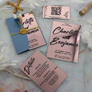 Rose Gold Spiegel Acryl Hochzeitseinladungs-Set mit Umschlägen, Wachssiegel und eleganter Antwortkarte, elegante Acrylhochzeitseinladungen