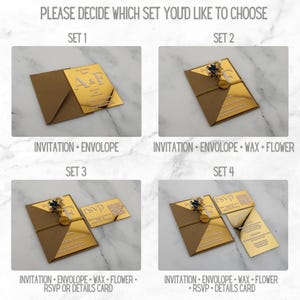 May include: Four different wedding invitation sets with gold mirror invitations and brown envelopes. Set 1 includes an invitation and envelope. Set 2 includes an invitation, envelope, wax seal, and flower. Set 3 includes an invitation, envelope, wax seal, flower, and RSVP or details card. Set 4 includes an invitation, envelope, wax seal, flower, RSVP, and details card.