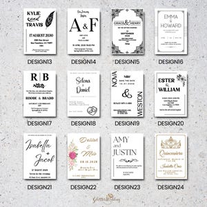 May include: A collection of ten wedding invitation designs featuring different fonts, colors, and styles. The designs include floral elements, calligraphy, and geometric patterns.