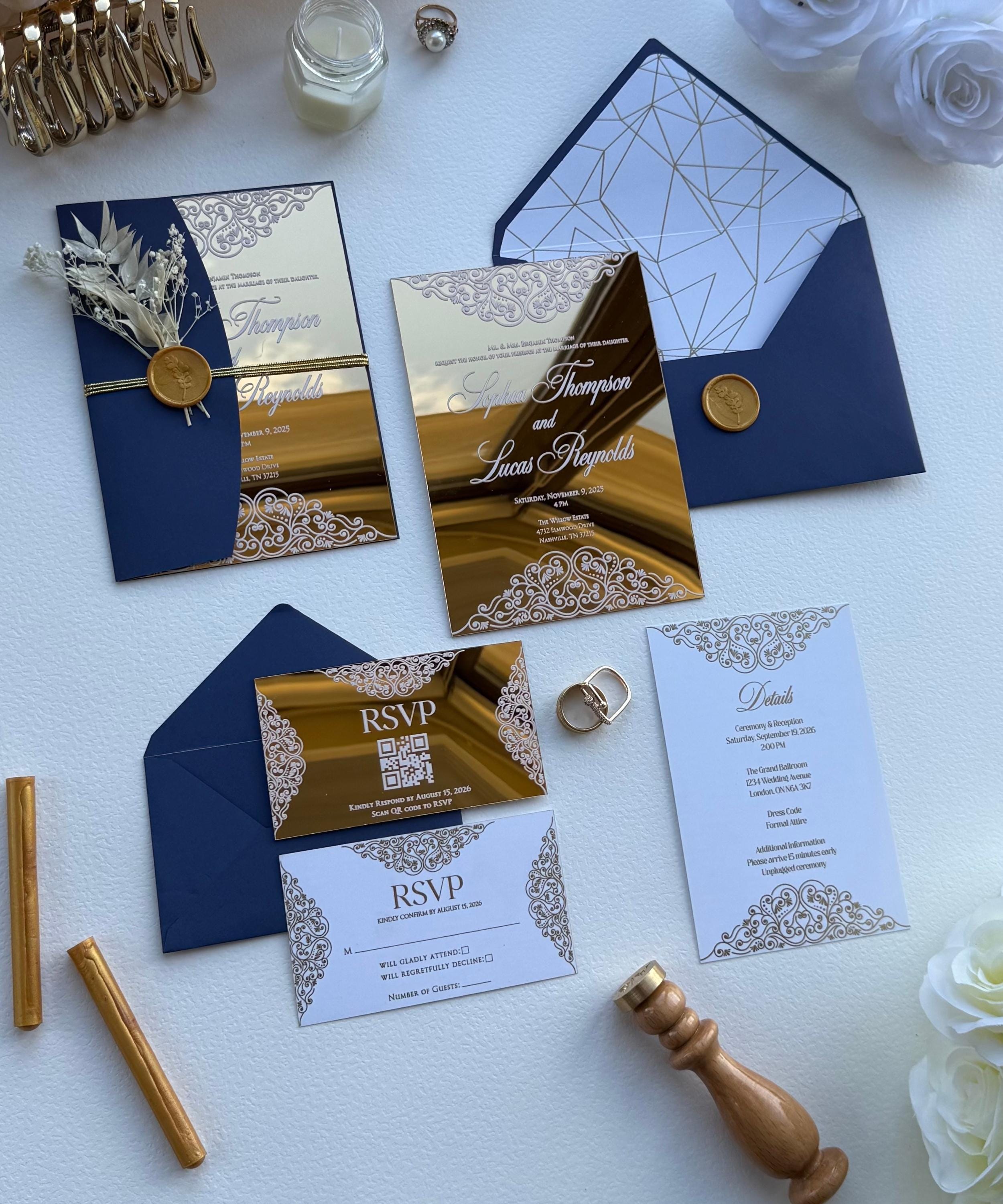 Navy Blue Gold Mirror Acrylic Wedding Invitation Set, Luxury Wedding  Invitations With Wax Seal, RSVP and Details Card - Etsy