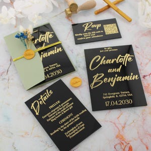 Luxus-Schwarz-Acrylhochzeitseinladung, eleganter Goldfoliendruck, kundenspezifisches modernes Einladungs-Set Stilvolle Hochzeiten, Antwortkarte und Detailkarte