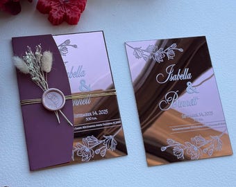 Elegant Rose Gold Mirror Acrylic Wedding Invitation: Luxury Acrylic Invite with Burgundy Envelope, Wax Seal and RSVP Card