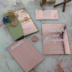 Rose Gold Acryl Hochzeitseinladungs-Set, Elegante Spiegel Hochzeitseinladung, Benutzerdefinierte Moderne Luxus Hochzeitskarte mit Antwortkarte und Detailkarte