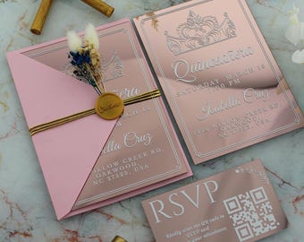 Convite Quinceañera em acrílico dourado rosa luxuoso com envelope rosa, selo de cera, cartão RSVP, convite de aniversário de 15 anos, convite de Quince Años