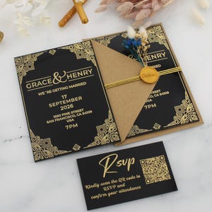 Invitación de boda de acrílico negro de lujo, invitación de acrílico con lámina dorada, elegante tarjeta de boda, invitaciones de quinceañera con sello de cera.