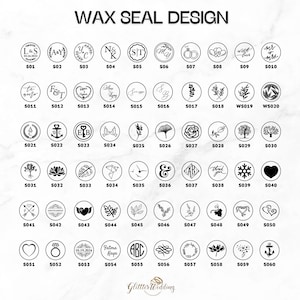 May include: A chart of 60 different wax seal designs. The designs include initials, hearts, flowers, anchors, and other symbols. The chart is labeled with numbers and letters.