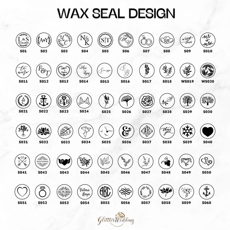 May include: A chart of 60 different wax seal designs. The designs include initials, hearts, flowers, anchors, and other symbols. The chart is labeled with numbers and letters.