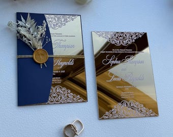 Gold Mirror Acrylic Wedding Invitation : Elegant Mirror Invite with Navy Envelope & Wax Seal