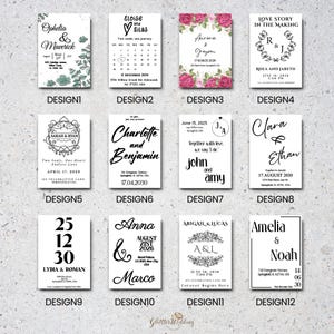 May include: Twelve wedding invitation designs featuring different fonts, layouts, and floral illustrations. The designs include names, dates, and locations for the wedding.