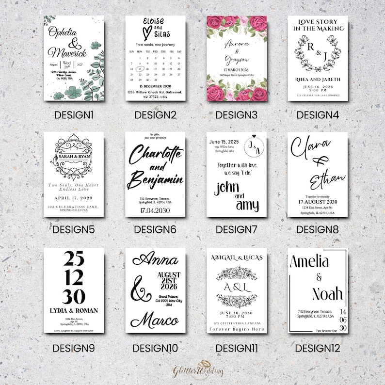May include: Twelve wedding invitation designs featuring different fonts, layouts, and floral illustrations. The designs include names, dates, and locations for the wedding.