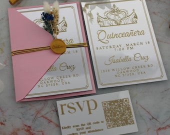 Luksusowy zestaw zaproszeń akrylowych Quinceanera ze złotą folią, różową kopertą, zaproszenie Sweet 15, zaproszenie na XV urodziny, Invitación de Quince Años