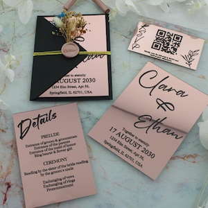 Rose Gold Spiegel Acryl Hochzeitseinladung, benutzerdefinierte elegantes Einladen-Set mit Wachssiegel und QR-Code Antwortkarte, moderne Luxus-Hochzeits-Briefpapier