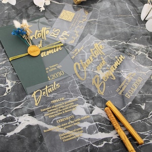 Elegante doorzichtige acrylhuwelijksuitnodiging, goudfoliedruk, luxe aangepaste doorzichtige uitnodigingsset voor moderne bruiloften, Quinceanera-uitnodigingen