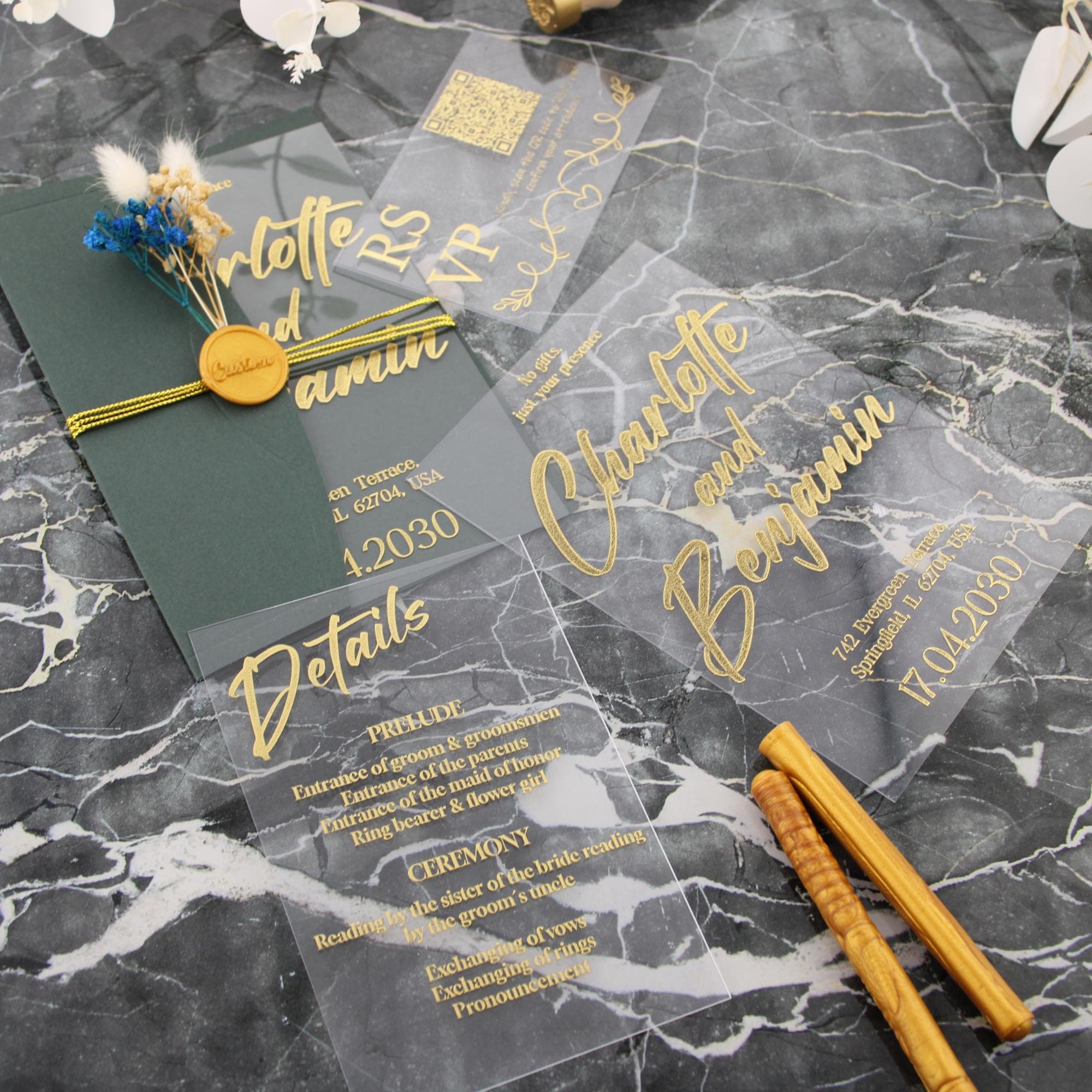 Elegant Clear Acrylic Wedding Invitation, Gold Foil Printing, Luxury ...