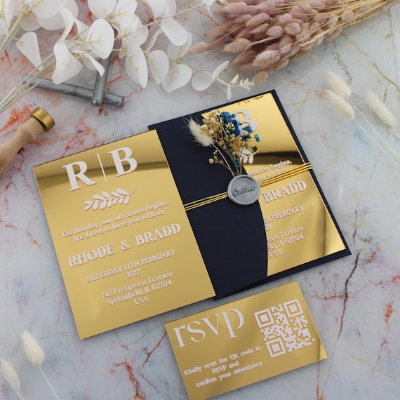 Luxury Acrylic Gold Mirror Wedding Invitation, Gold Wedding Invite Set, Sweet 16,  Modern Mirror Acrylic Wedding, Einladung Hochzeit